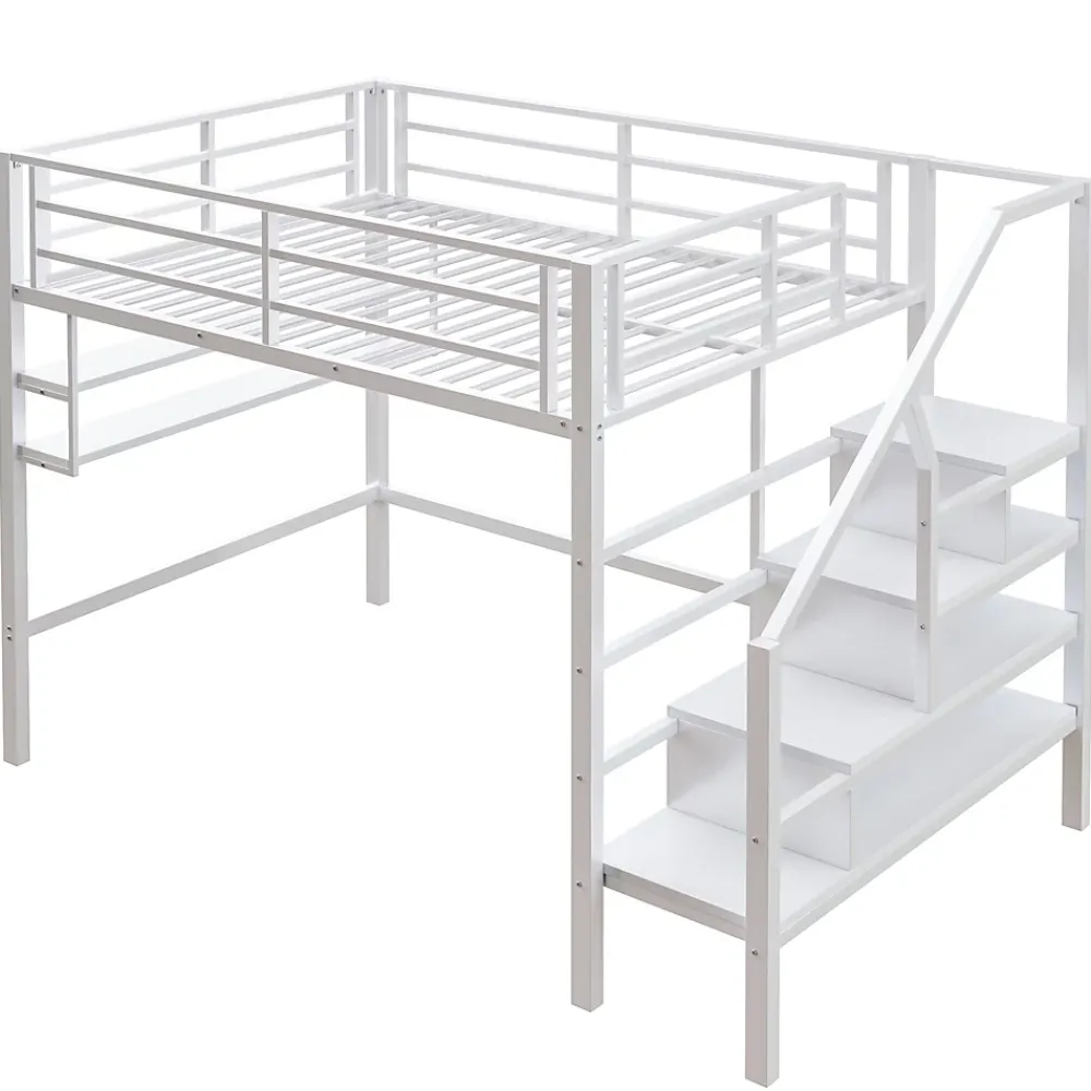 Redom Lit superposé 140x200 cm avec étagères intégrées et échelle de rangement, structure métal blanche*Enfant Lit Enfant
