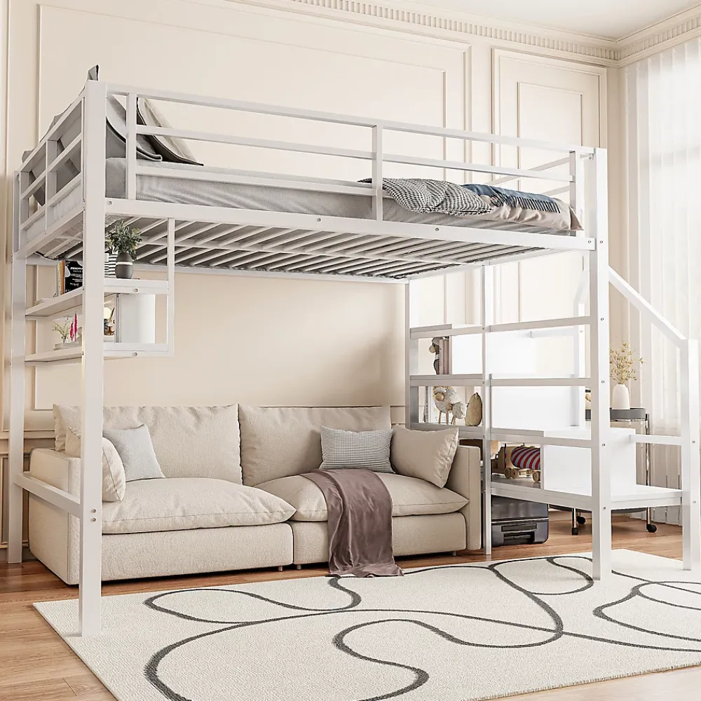 Redom Lit superposé 140x200 cm avec étagères intégrées et échelle de rangement, structure métal blanche*Enfant Lit Enfant