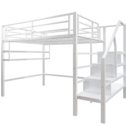 Redom Lit superposé 140x200 cm avec étagères intégrées et échelle de rangement, structure métal blanche*Enfant Lit Enfant