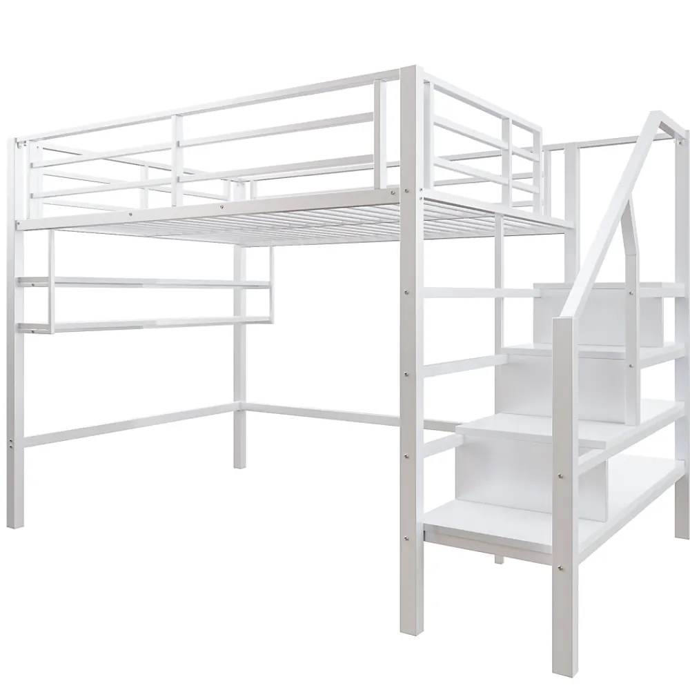 Redom Lit superposé 140x200 cm avec étagères intégrées et échelle de rangement, structure métal blanche*Enfant Lit Enfant