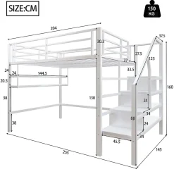 Redom Lit superposé 140x200 cm avec étagères intégrées et échelle de rangement, structure métal blanche*Enfant Lit Enfant