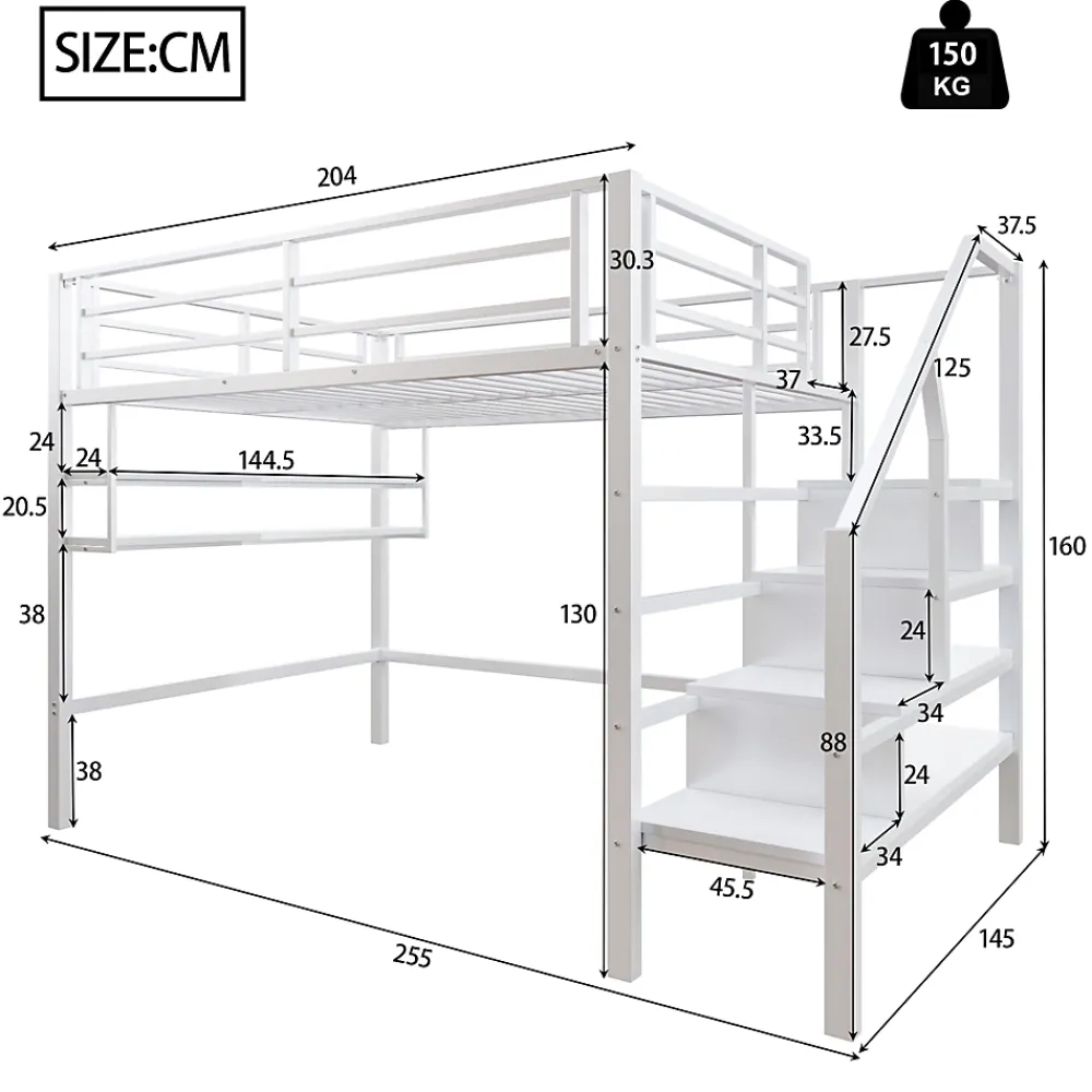 Redom Lit superposé 140x200 cm avec étagères intégrées et échelle de rangement, structure métal blanche*Enfant Lit Enfant