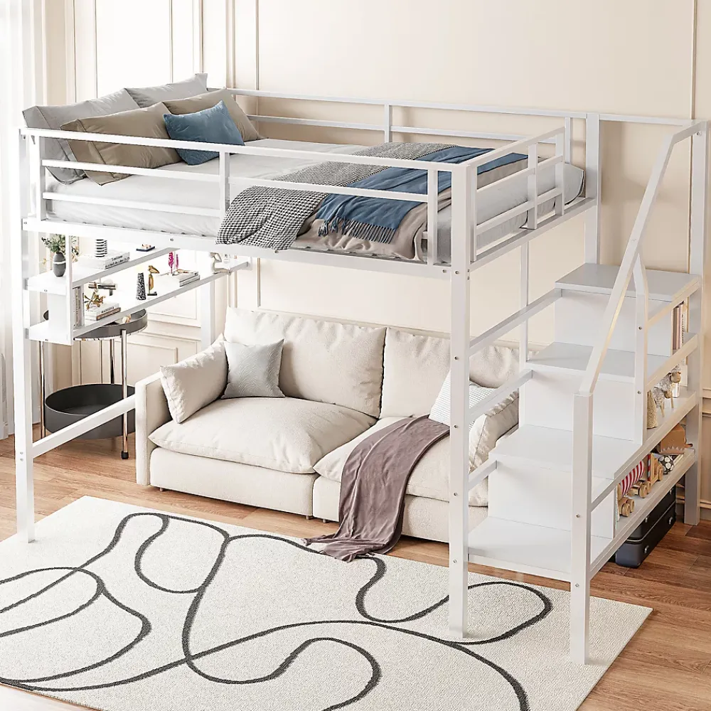 Redom Lit superposé 140x200 cm avec étagères intégrées et échelle de rangement, structure métal blanche*Enfant Lit Enfant