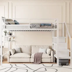 Redom Lit superposé 140x200 cm avec étagères intégrées et échelle de rangement, structure métal blanche*Enfant Lit Enfant