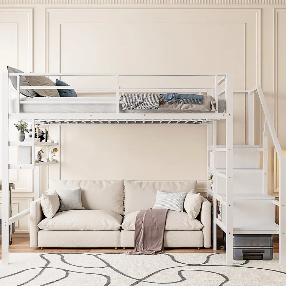 Redom Lit superposé 140x200 cm avec étagères intégrées et échelle de rangement, structure métal blanche*Enfant Lit Enfant
