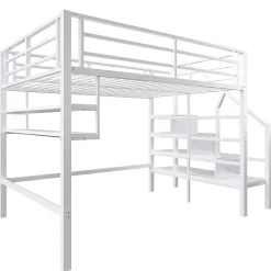 Redom Lit superposé 140x200 cm avec étagères intégrées et échelle de rangement, structure métal blanche*Enfant Lit Enfant