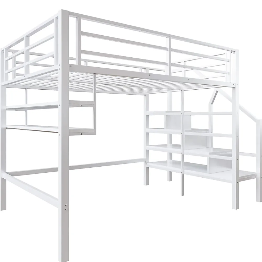 Redom Lit superposé 140x200 cm avec étagères intégrées et échelle de rangement, structure métal blanche*Enfant Lit Enfant
