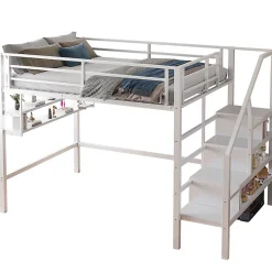 Redom Lit superposé 140x200 cm avec étagères intégrées et échelle de rangement, structure métal blanche*Enfant Lit Enfant