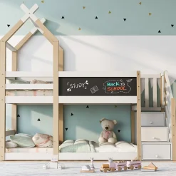 Okwish Lit superposé 90x200 cm avec tableau noir intégré - Lit enfant pratique avec sommiers inclus - Sans matelas - Blanc*Enfant Lit Enfant