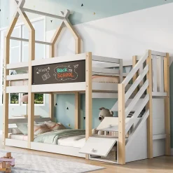 Okwish Lit superposé 90x200 cm avec tableau noir intégré - Lit enfant pratique avec sommiers inclus - Sans matelas - Blanc*Enfant Lit Enfant