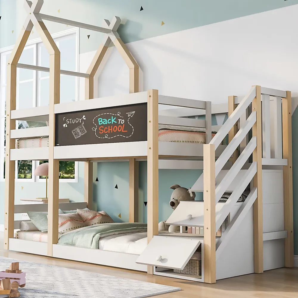 Okwish Lit superposé 90x200 cm avec tableau noir intégré - Lit enfant pratique avec sommiers inclus - Sans matelas - Blanc*Enfant Lit Enfant