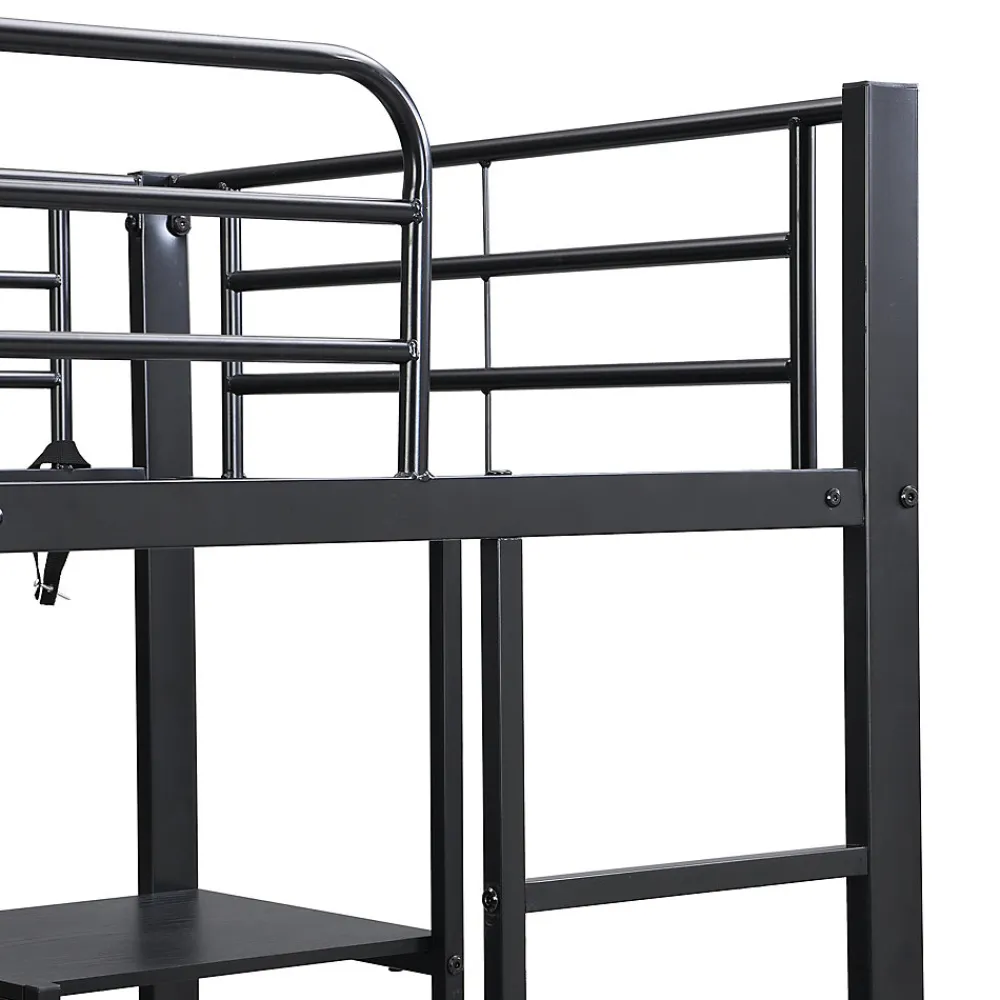 Lit superposé 90x200 cm, avec table, armoire, échelle 5 marches, cadre métal, noir>Fortuna lai Outlet