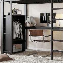 Lit superposé 90x200 cm, avec table, armoire, échelle 5 marches, cadre métal, noir><noscript><img width=