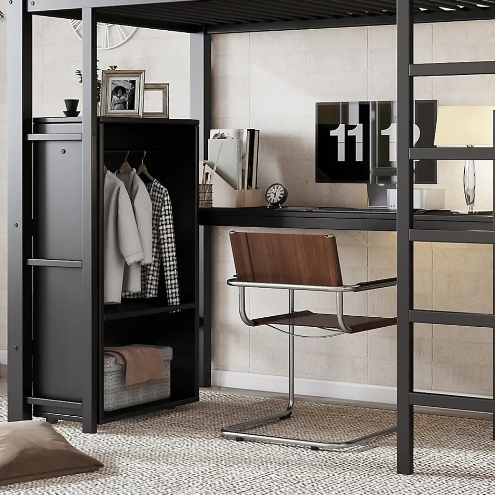 Lit superposé 90x200 cm, avec table, armoire, échelle 5 marches, cadre métal, noir>Fortuna lai Outlet