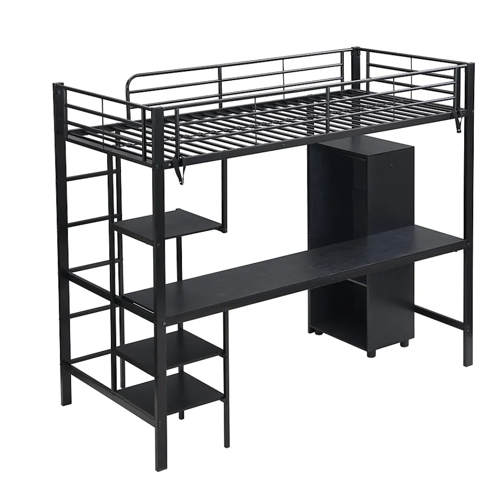 Lit superposé 90x200 cm, avec table, armoire, échelle 5 marches, cadre métal, noir>Fortuna lai Outlet