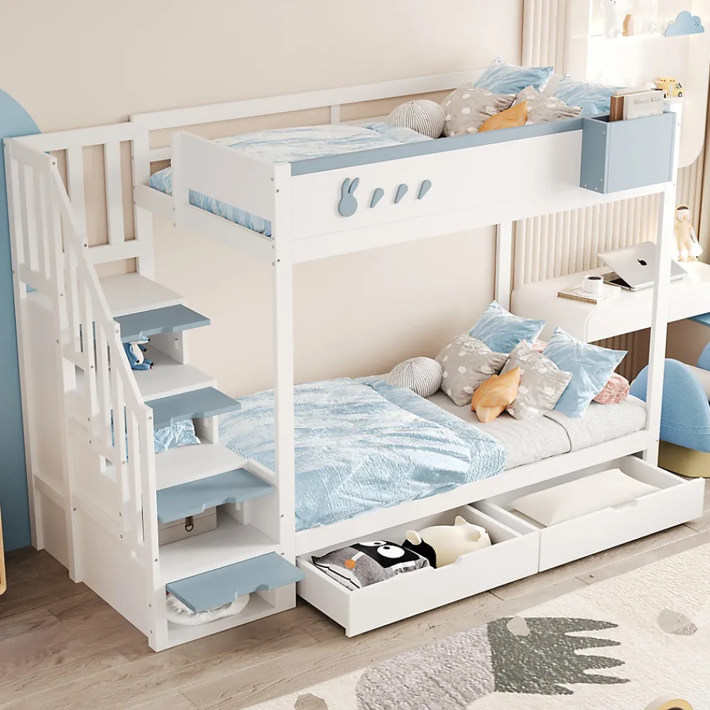 Lit superposé 90x200 cm avec tiroirs et étagère amovible, structure bois blanc/bleu, échelle sécurisée>Redom Sale