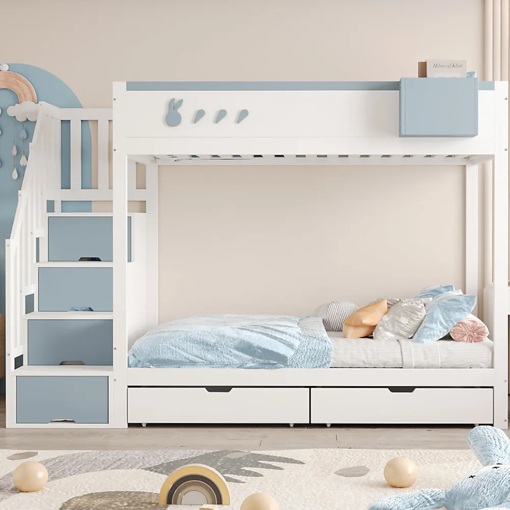 Lit superposé 90x200 cm avec tiroirs et étagère amovible, structure bois blanc/bleu, échelle sécurisée>Redom Sale