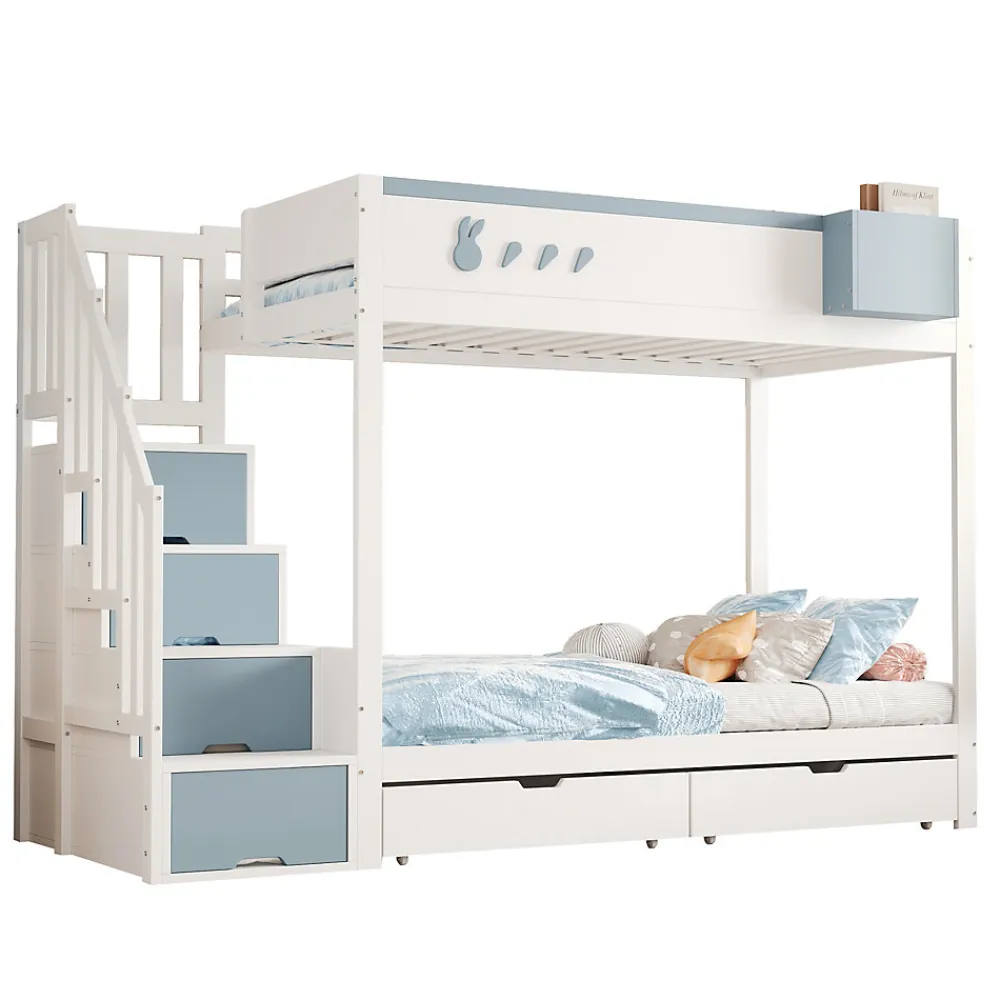 Lit superposé 90x200 cm avec tiroirs et étagère amovible, structure bois blanc/bleu, échelle sécurisée>Redom Sale