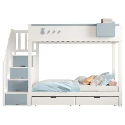 Lit superposé 90x200 cm avec tiroirs et étagère amovible, structure bois blanc/bleu, échelle sécurisée><noscript><img width=