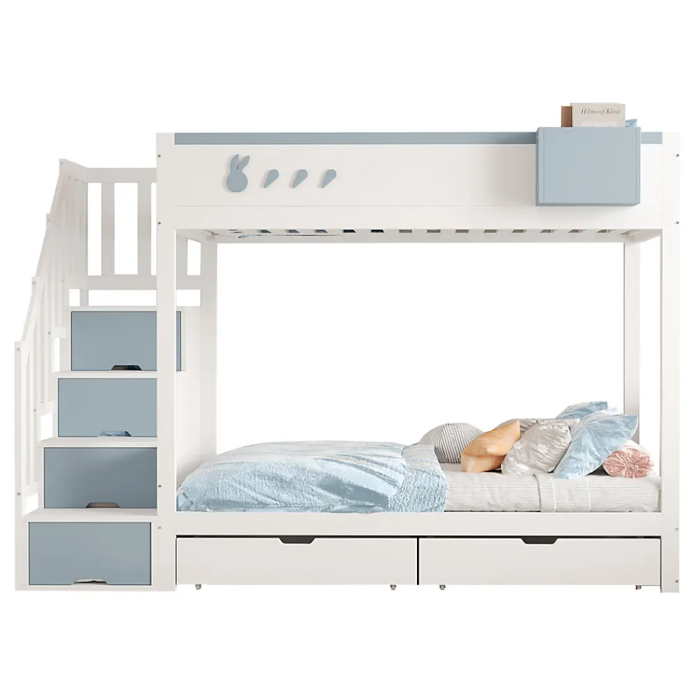 Lit superposé 90x200 cm avec tiroirs et étagère amovible, structure bois blanc/bleu, échelle sécurisée>Redom Sale