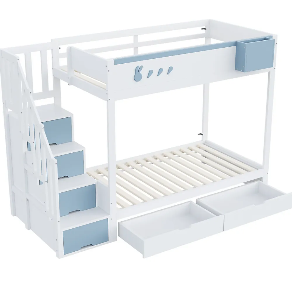 Lit superposé 90x200 cm avec tiroirs et étagère amovible, structure bois blanc/bleu, échelle sécurisée>Redom Sale