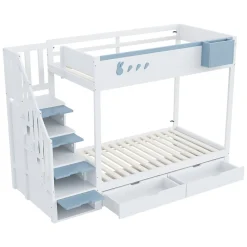 Lit superposé 90x200 cm avec tiroirs et étagère amovible, structure bois blanc/bleu, échelle sécurisée><noscript><img width=