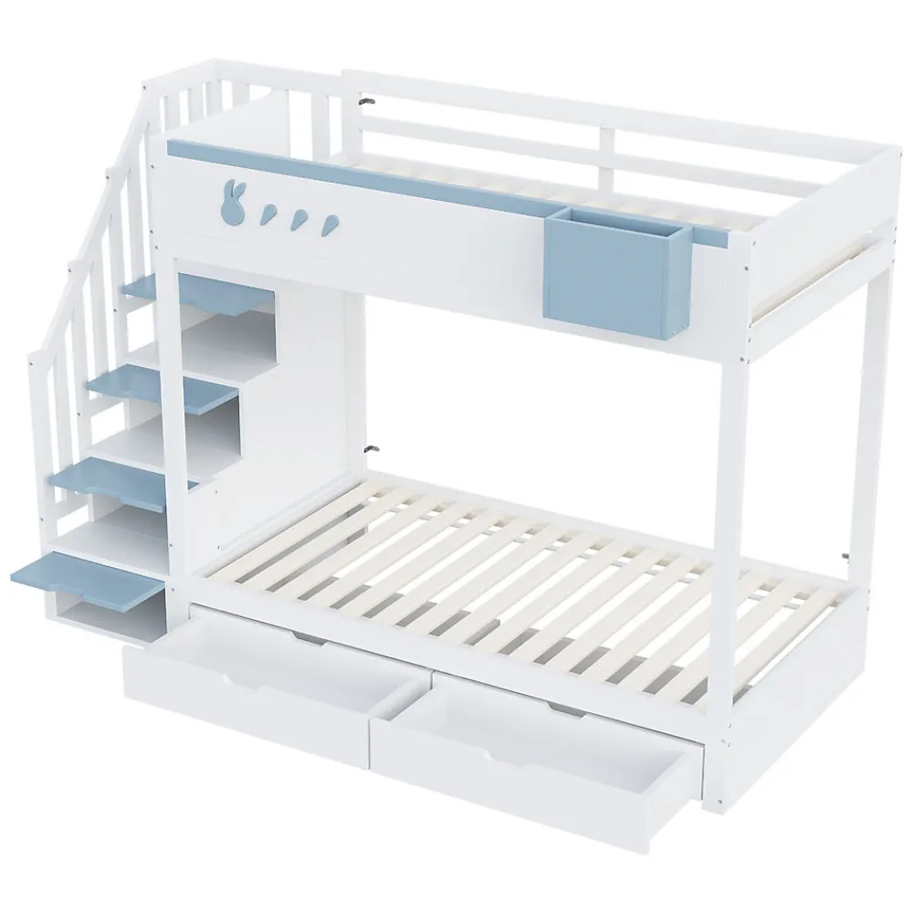Lit superposé 90x200 cm avec tiroirs et étagère amovible, structure bois blanc/bleu, échelle sécurisée>Redom Sale