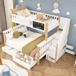 Redom Lit superposé 90x200 cm avec tiroirs et échelle intégrée, structure en pin massif blanc et chêne clair*Enfant Lit Enfant