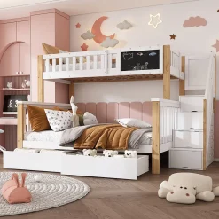 Redom Lit superposé 90x200 cm avec tiroirs et échelle intégrée, structure en pin massif blanc et chêne clair*Enfant Lit Enfant