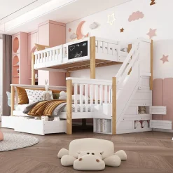 Redom Lit superposé 90x200 cm avec tiroirs et échelle intégrée, structure en pin massif blanc et chêne clair*Enfant Lit Enfant