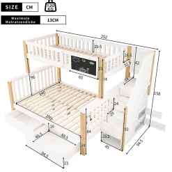 Redom Lit superposé 90x200 cm avec tiroirs et échelle intégrée, structure en pin massif blanc et chêne clair*Enfant Lit Enfant