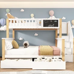 Redom Lit superposé 90x200 cm avec tiroirs et échelle intégrée, structure en pin massif blanc et chêne clair*Enfant Lit Enfant
