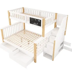 Redom Lit superposé 90x200 cm avec tiroirs et échelle intégrée, structure en pin massif blanc et chêne clair*Enfant Lit Enfant