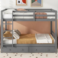 Redom Lit superposé 140x200 cm avec tiroirs de rangement et échelle intégrée, structure pin/MDF gris*Enfant Lit Enfant