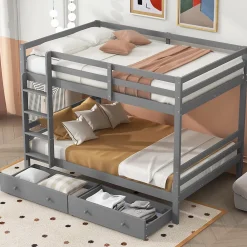Redom Lit superposé 140x200 cm avec tiroirs de rangement et échelle intégrée, structure pin/MDF gris*Enfant Lit Enfant