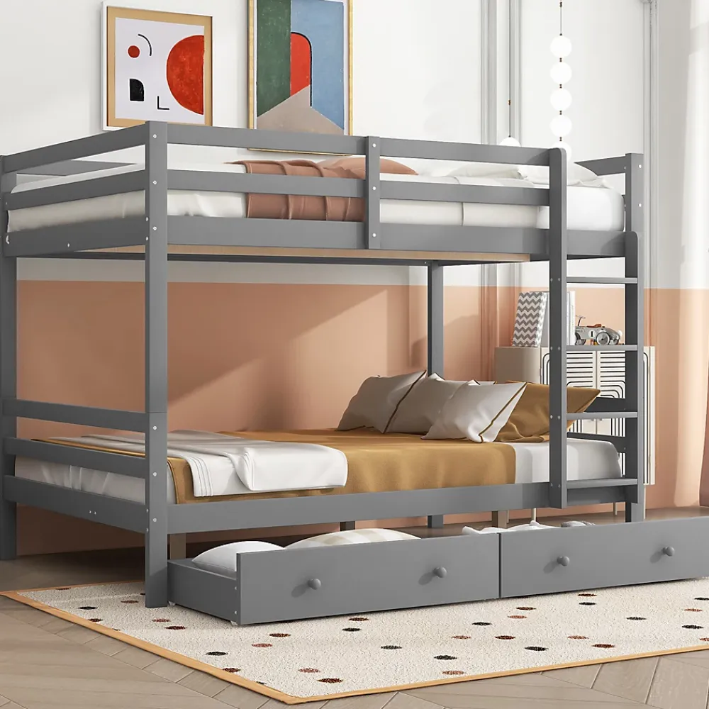 Redom Lit superposé 140x200 cm avec tiroirs de rangement et échelle intégrée, structure pin/MDF gris*Enfant Lit Enfant