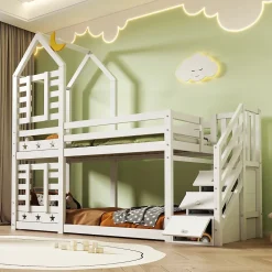 Redom Lit superposé 90x200 cm avec tiroirs et échelle intégrée, peinture blanche, pin massif, gain de place enfant*Enfant Lit Enfant