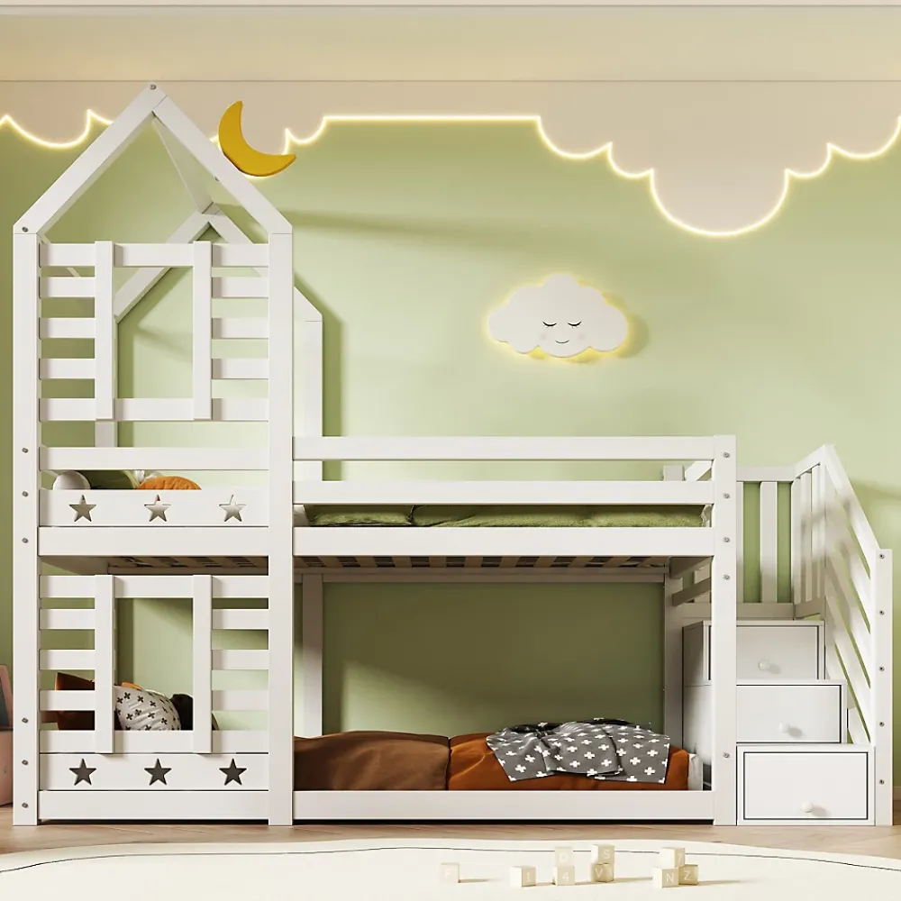 Redom Lit superposé 90x200 cm avec tiroirs et échelle intégrée, peinture blanche, pin massif, gain de place enfant*Enfant Lit Enfant