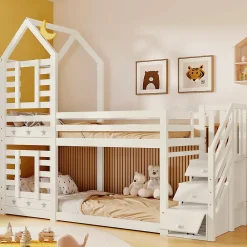 Redom Lit superposé 90x200 cm avec tiroirs et échelle intégrée, peinture blanche, pin massif, gain de place enfant*Enfant Lit Enfant