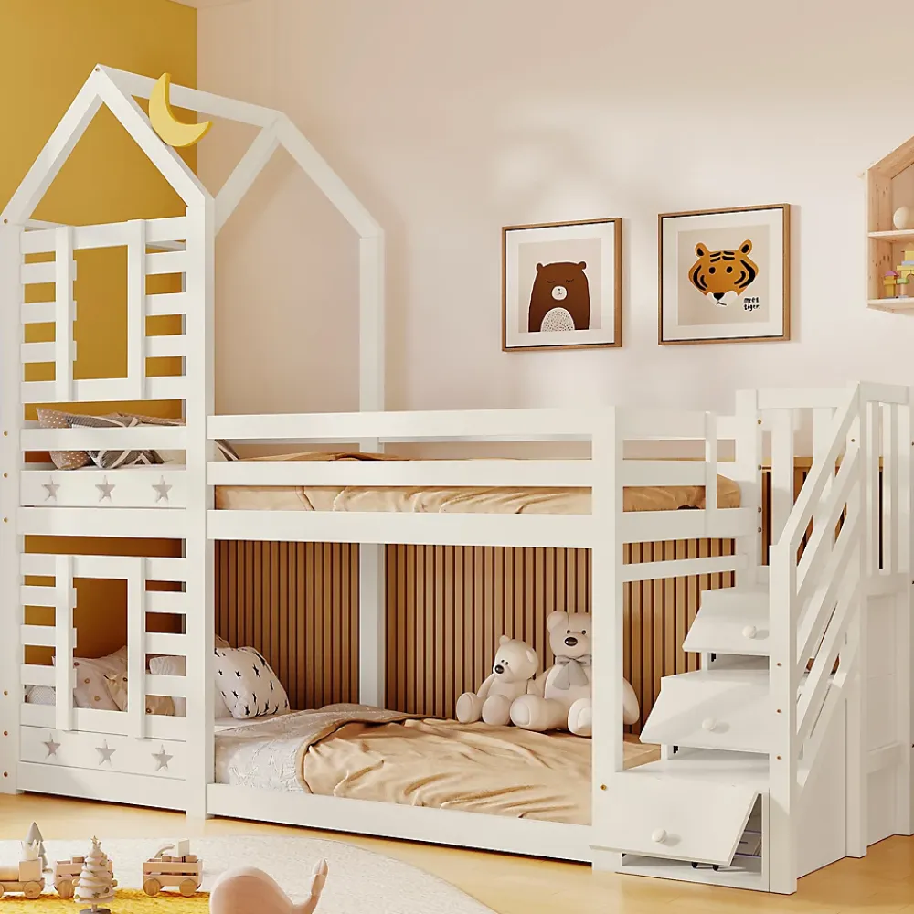 Redom Lit superposé 90x200 cm avec tiroirs et échelle intégrée, peinture blanche, pin massif, gain de place enfant*Enfant Lit Enfant