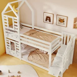 Redom Lit superposé 90x200 cm avec tiroirs et échelle intégrée, peinture blanche, pin massif, gain de place enfant*Enfant Lit Enfant