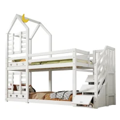 Redom Lit superposé 90x200 cm avec tiroirs et échelle intégrée, peinture blanche, pin massif, gain de place enfant*Enfant Lit Enfant