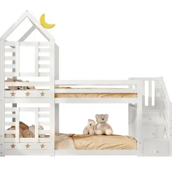 Redom Lit superposé 90x200 cm avec tiroirs et échelle intégrée, peinture blanche, pin massif, gain de place enfant*Enfant Lit Enfant
