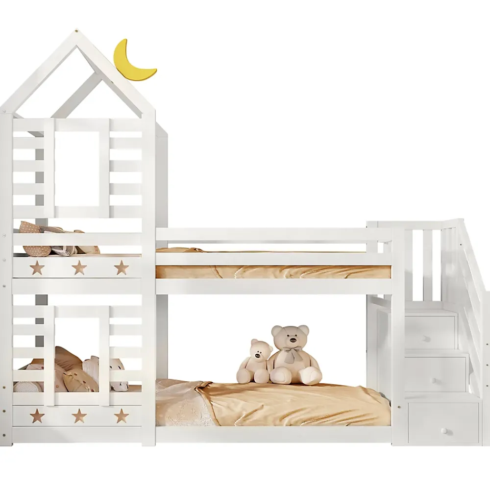 Redom Lit superposé 90x200 cm avec tiroirs et échelle intégrée, peinture blanche, pin massif, gain de place enfant*Enfant Lit Enfant