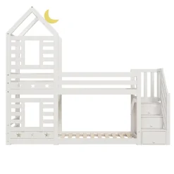 Redom Lit superposé 90x200 cm avec tiroirs et échelle intégrée, peinture blanche, pin massif, gain de place enfant*Enfant Lit Enfant