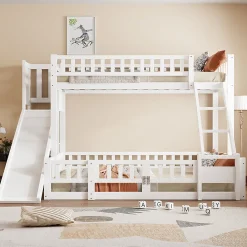 Lit superposé 140x200 cm avec toboggan ludique et étagères intégrées, structure en pin et MDF blanc>Redom Best