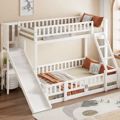 Lit superposé 140x200 cm avec toboggan ludique et étagères intégrées, structure en pin et MDF blanc>Redom Best