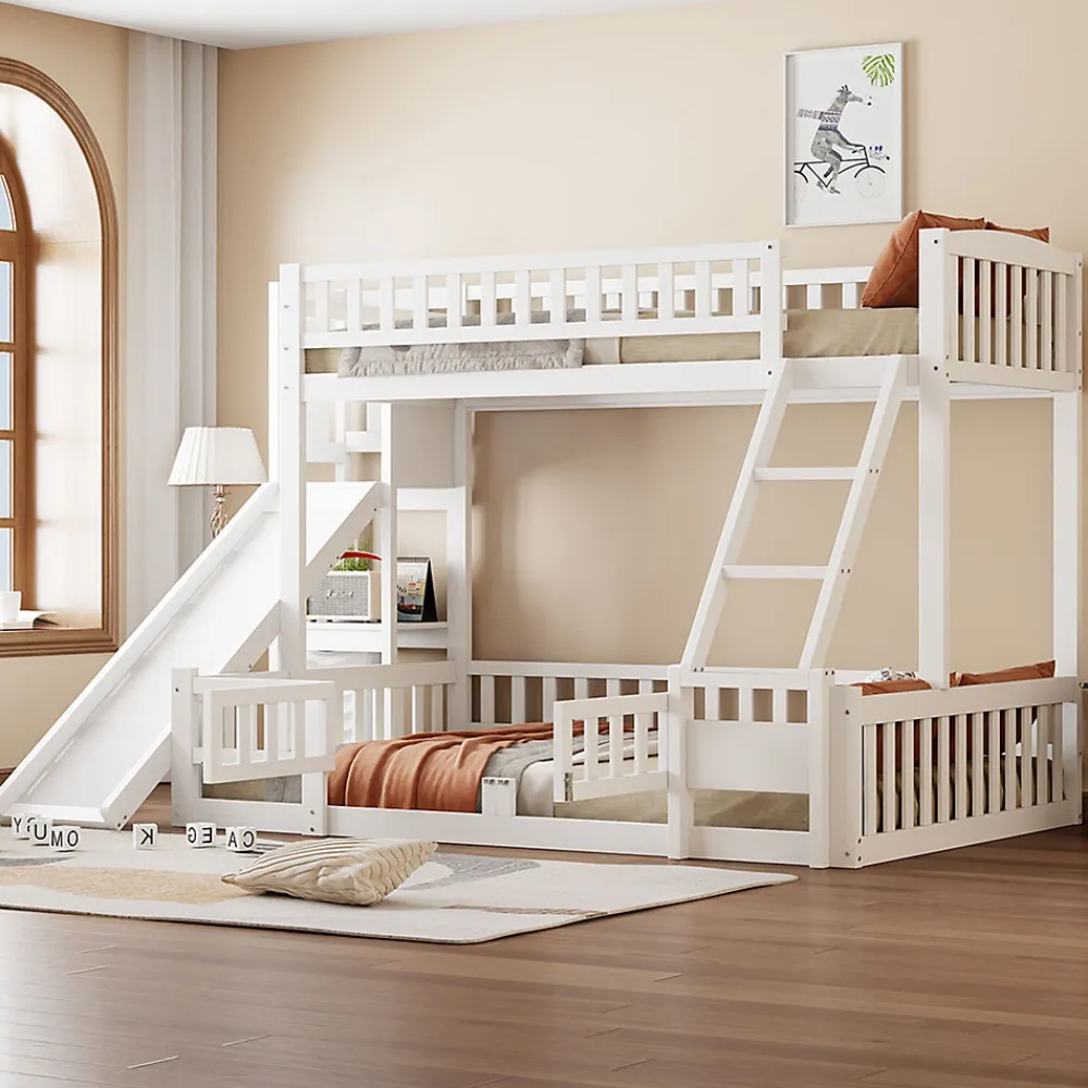 Lit superposé 140x200 cm avec toboggan ludique et étagères intégrées, structure en pin et MDF blanc>Redom Best