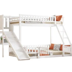 Lit superposé 140x200 cm avec toboggan ludique et étagères intégrées, structure en pin et MDF blanc><noscript><img width=