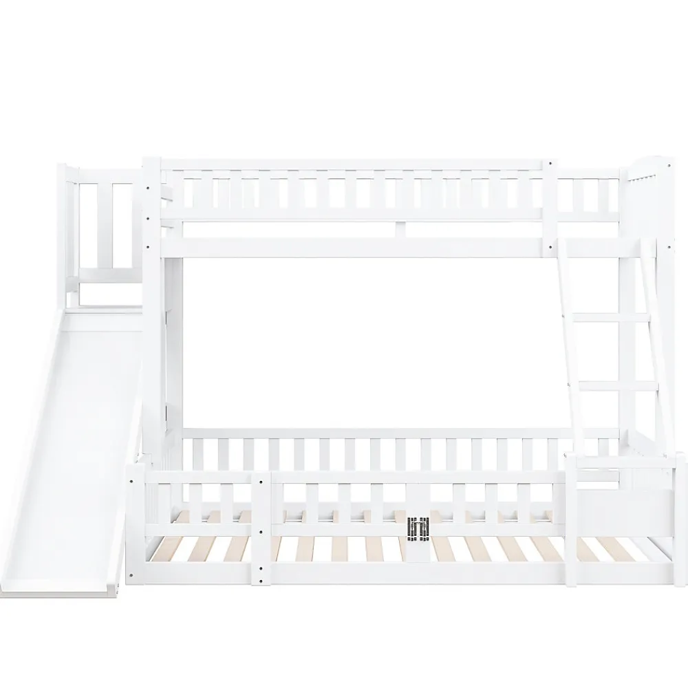 Lit superposé 140x200 cm avec toboggan ludique et étagères intégrées, structure en pin et MDF blanc>Redom Best